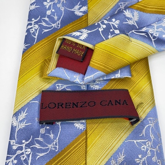 Light Blue Yellow Diagonal Striped Lorenzo Cana Tie Silk Hand Made Necktie - Picture 10 of 12